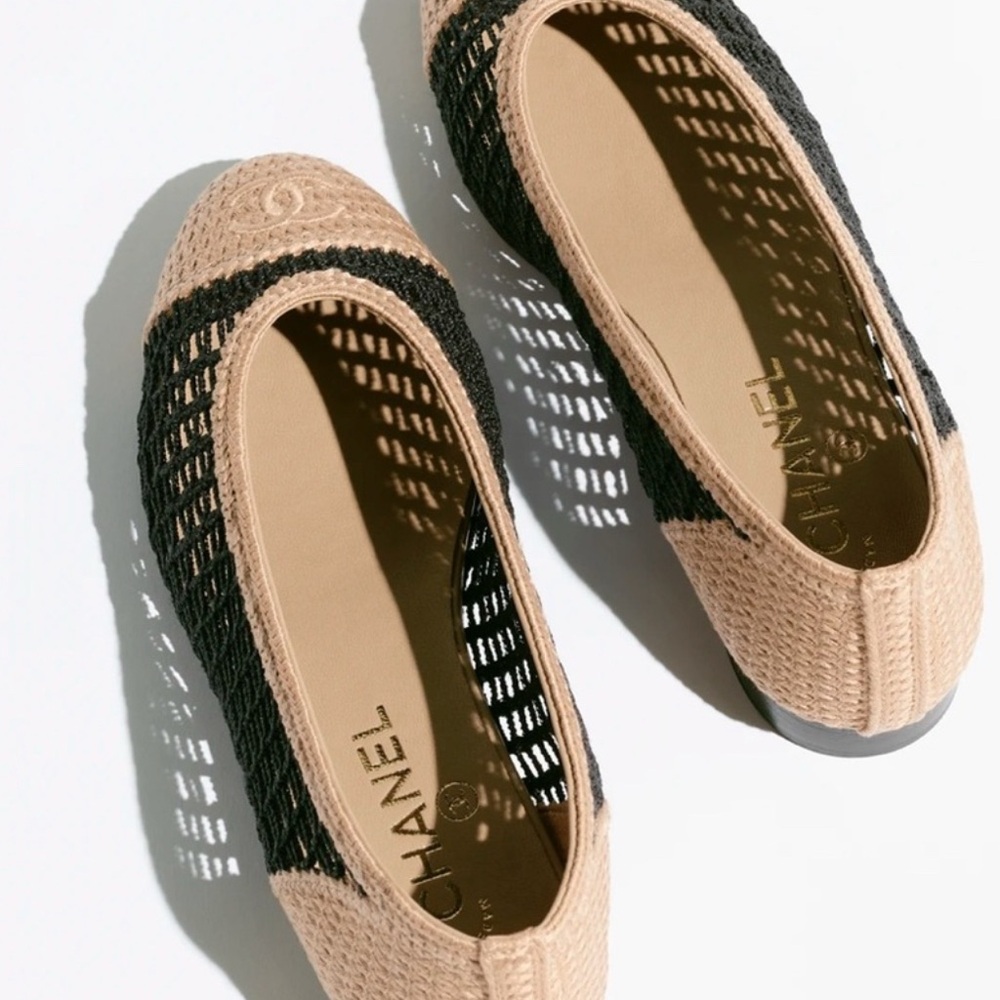 CHANEL Rafia Ballerina Flats - Beige and Black Mesh Flats